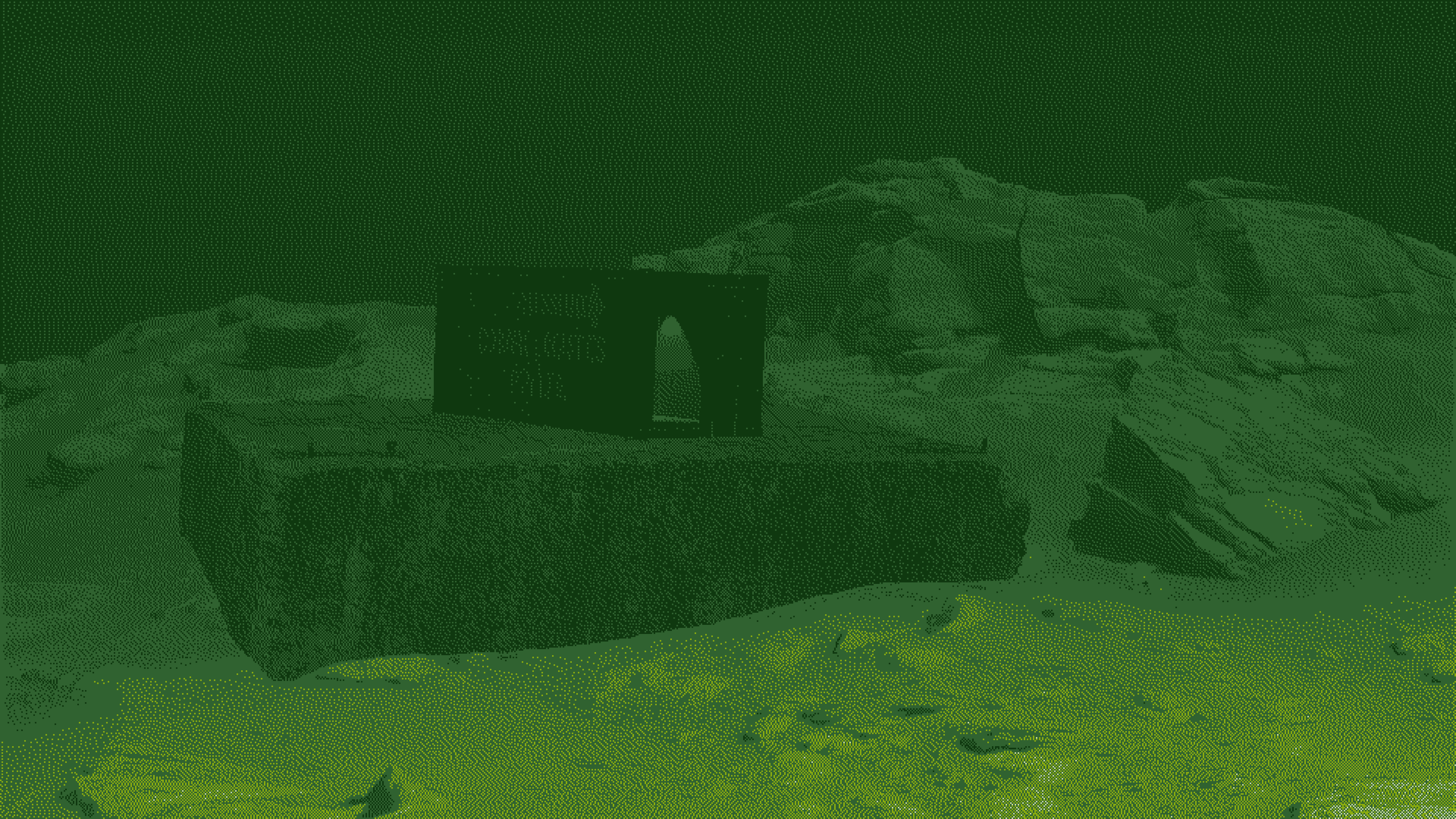 A distant stone gate on a ridge, a sliver of light within the archway