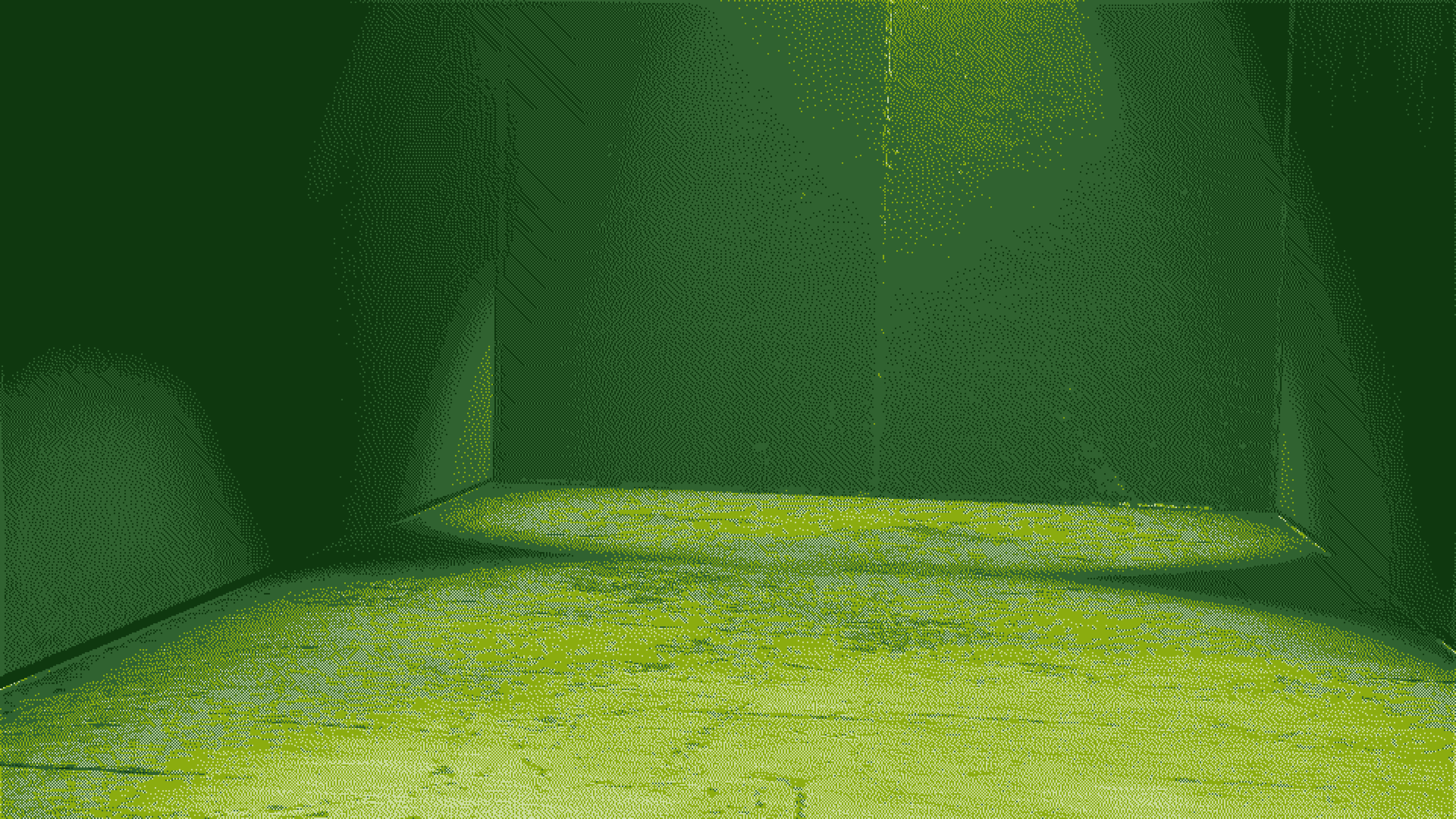 Inside the gate, an open lit floor in a low stone chamber