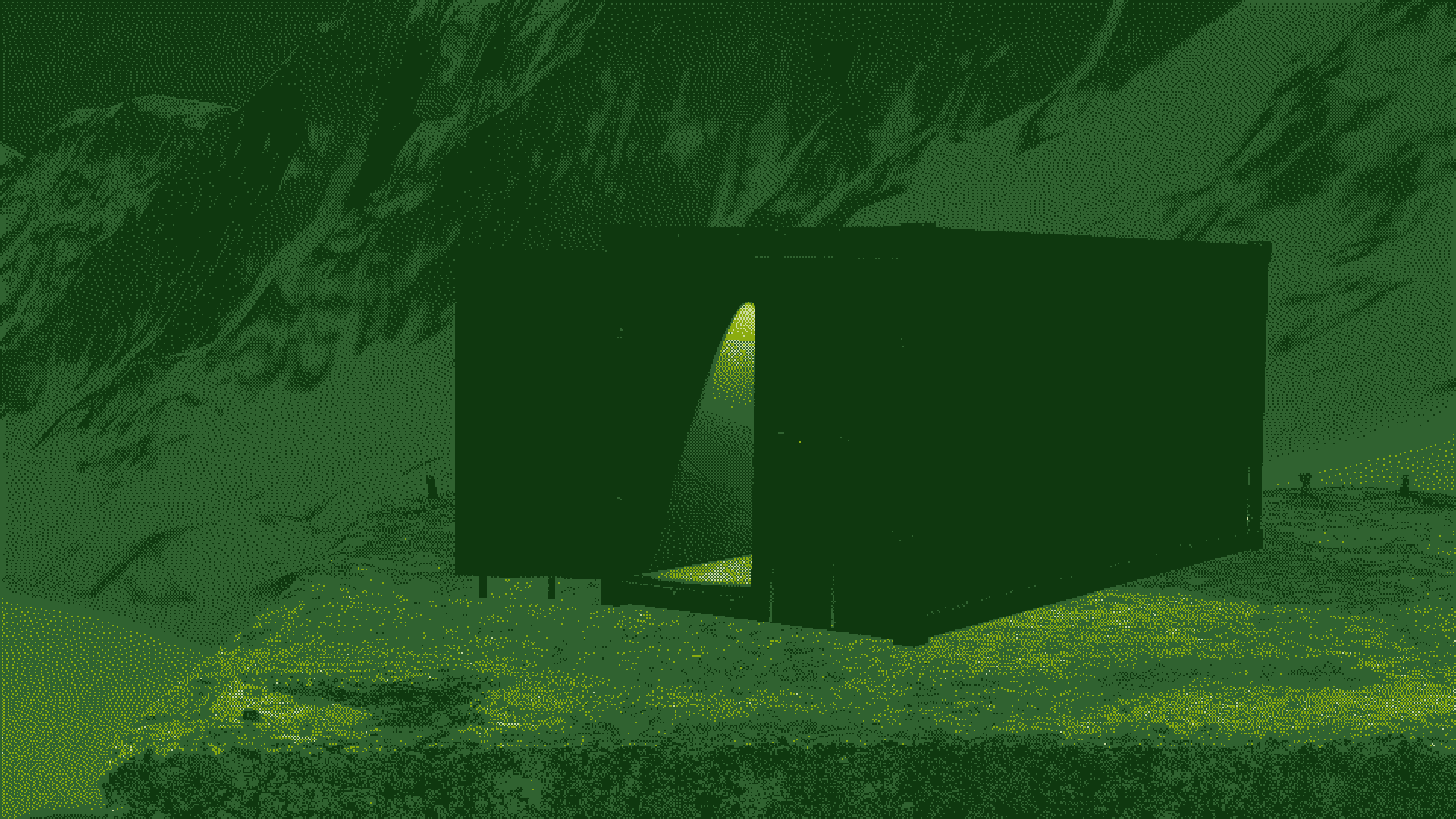 Closer now, the structure's doorway fills the frame with light