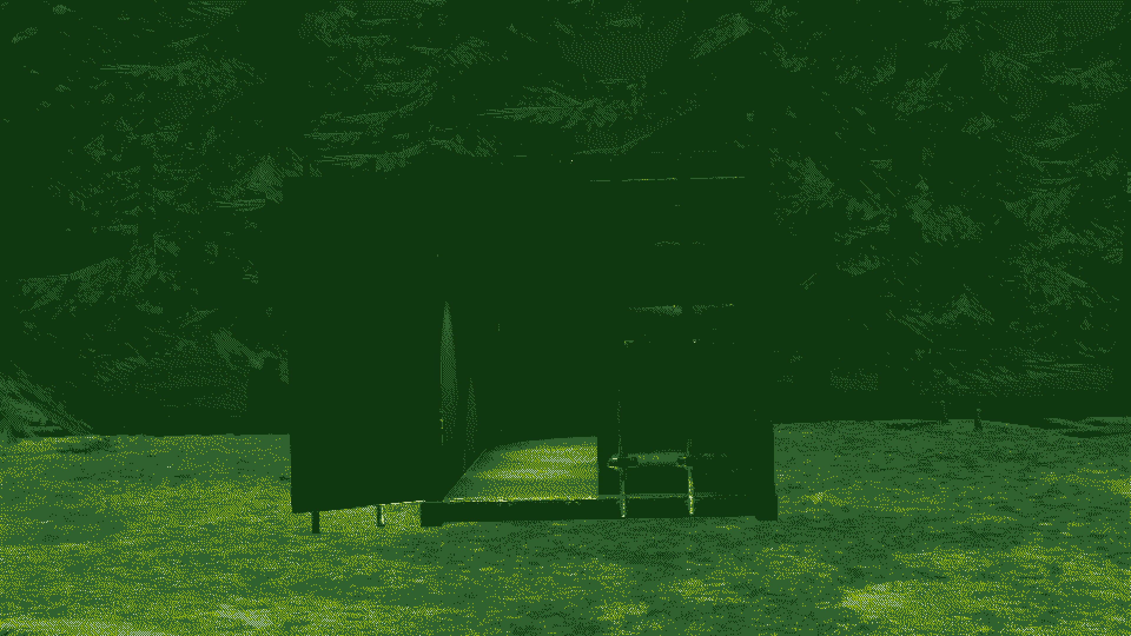 Closer now, a sloped lit ramp leads up toward the structure